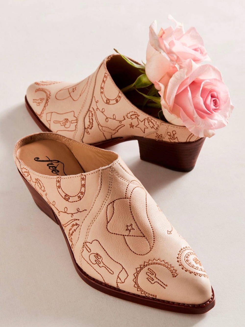 Free People New Frontier Doodle Western Mules Exclusive Bone Size 38 US 8